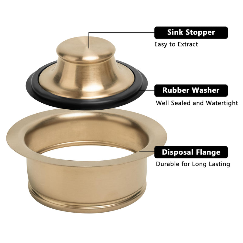 Champagne Bronze Sink Garbage Disposal Flange and Stopper for Kitchen - Fit 3.5" Standard Sink - 304 Stainless Steel Champagne Brushed Gold Brass - Compatible with Delta Faucet