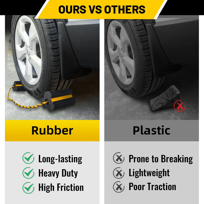 ROBLOCK 2 Pairs Wheel Chocks Heavy-Duty Rubber Wheel Block Non-Slip Base with Nylon Rope Yellow Reflective Tape - 4 Pack Wheel Stopper for Travel Trailers, Car, Camper, Truck, Black 4pack