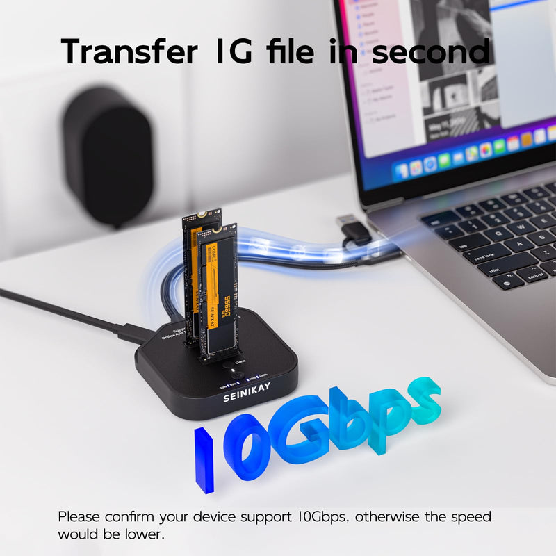 Dual Bay NVMe Cloner Duplicator with C to C-A Cable, USB-C 3.2 GEN2 16Gbps Offline Clone, M.2 PCIe NVMe SSD Reader Docking Station Adapter, Tool-Free, 5V 3A Power