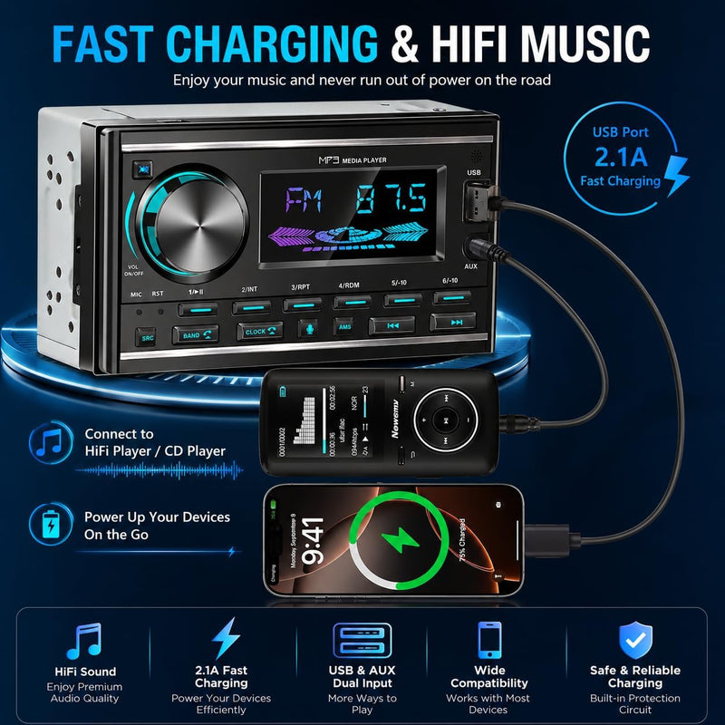 LSLYA Double Din Car Stereo with Bluetooth, FM Radio, USB/AUX, No CD Player | 2 Din Car Radio Retro with App Control, USB/AUX, Voice Assistant, 7-Color Backlight, Remote Control, USB Port & AUX Input Black