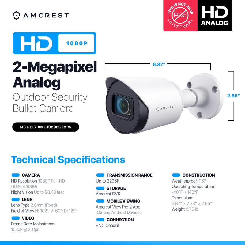 Amcrest Full HD 1080P Bullet Outdoor Security Camera (Quadbrid 4-in1 HD-CVI/TVI/AHD/Analog), 2-Megapixel, 98ft Night Vision, 2.8mm Lens 129° Viewing Angle, White (AMC1080BC28-W) 1080P HD-CVI Tribrid