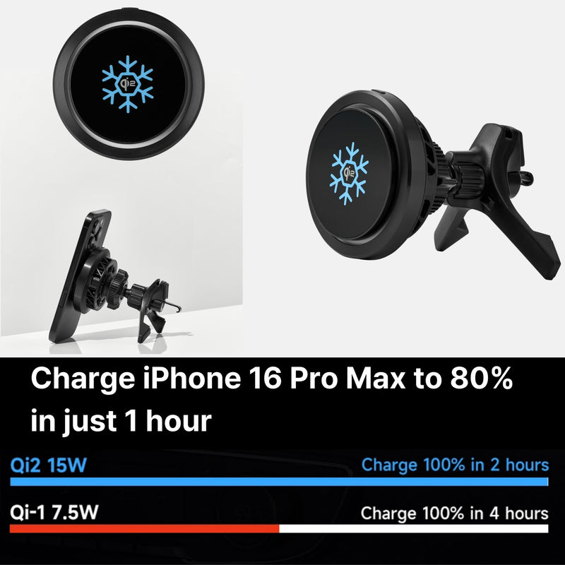 Qi2 15W Wireless Car Charger -Compatible with MagSafe- [3-Second Peltier Cooling] with Strong Magnetic Mount-Fast Charging Air Vent Phone Holder for iPhone 16/15/14 Pro Max,Galaxy S25(Black) Black