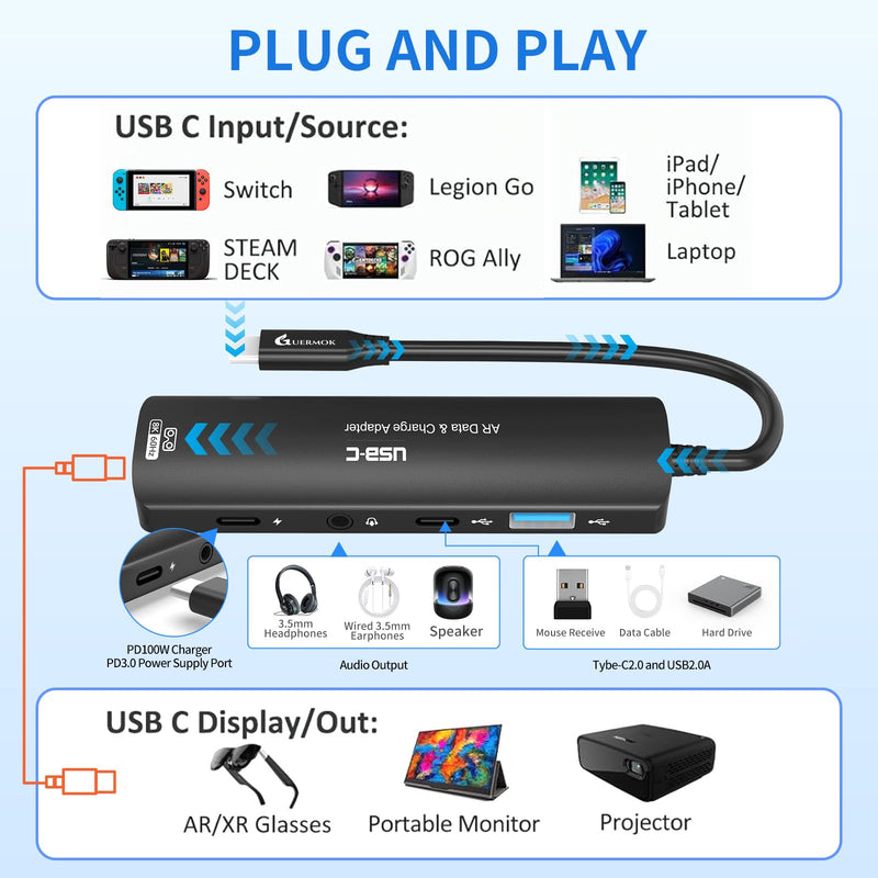 Guermok 5-in-1 USB-C to AR Glasses Adapter, 100W PD Fast Charging, 8K@60Hz Video, USB/USB-C Ports – Works with AR Glasses Devices, Handheld Consoles, Switch, USBC Phones and Laptops, Black