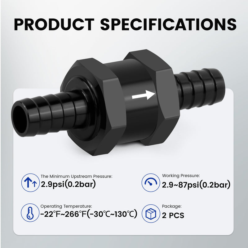 3/8 Inch 2PCS Fuel One-way Check Valve, Aluminium Alloy 10mm OD Fuel Line Check Valve One Way Non Return for Diesel Gasoline Water, Black (Set of 2) 3/8" (10mm)
