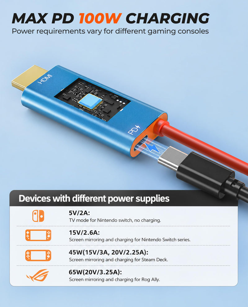 Switch 2 Dock, Switch 2 TV Adapter - 4K@60Hz Play While 100W PD Charging USB C to HDMI Adapter for Nintendo Switch Dock, 6.6ft Portable Travel TV Cable for NintendoSwitch 2/1/Steam Deck/OLED