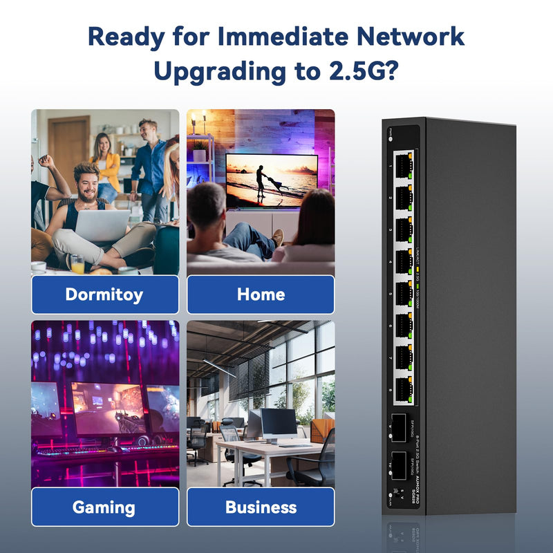 10 Port 2.5Gb Unmanaged Ethernet Switch with 8* 2.5G Base-T Ports, 2*10G SFP Ports, AUMOX PRO 80 Gbps Vlan Switching Capacity Compatible with 100/1000/2500Mbps Plug and Play 10 Port| 8*2.5G Port+2*10G SFP