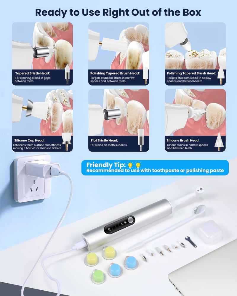 Tooth Polisher, Electric Rechargeable Teeth Polishing Kit with LED Auxiliary Light, 6 Brush Heads & 5 Polish Paste, 4 Modes, IPX6 Waterproof, Easy to Use Tooth Polishing Tool for Home（Sliver） Sliver