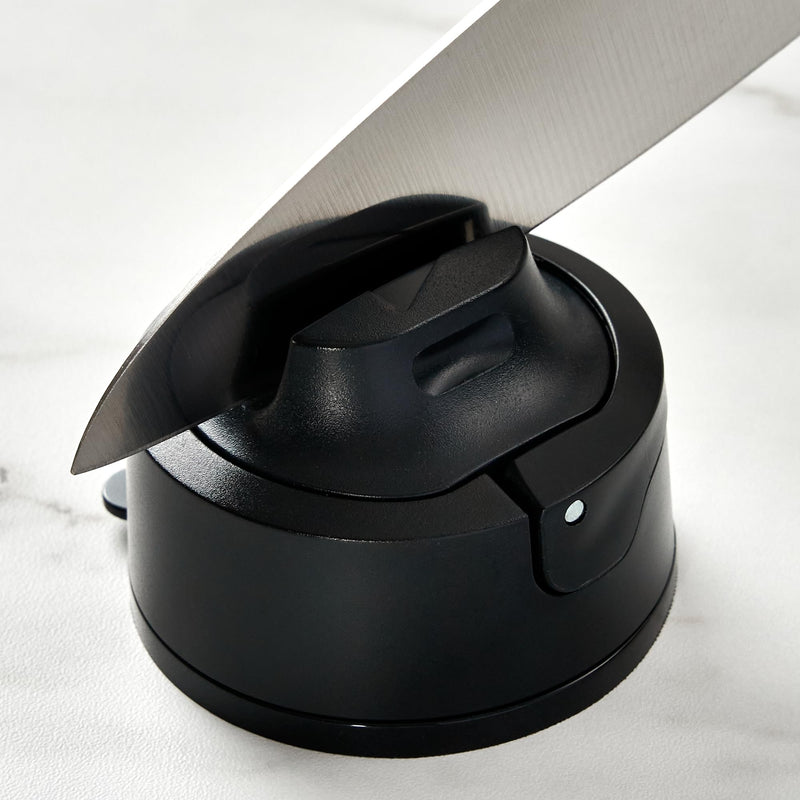AnySharp – EVO – Hands Free Knife Sharpener - Easy to Use Sharpening Tool with Improved PowerGrip Suction Base and 20-Deg Pre-set Angle - For All Knives: Chef’s, Serrated, and Hardened Steel - Black One Size