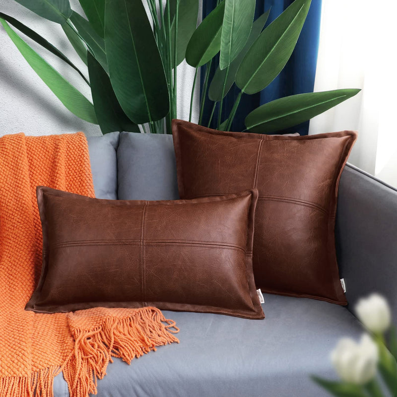 BRAWARM Dark Brown Leather Throw Pillow 20 X 20 Inches, Faux Leather Pillow Cover with Piping, Hand Stitched Leather Decorative Throw Pillow Covers for Couch Sofa Bed Living Room Garden 20" x 20" (Pack of 1) Dark Brown-piping