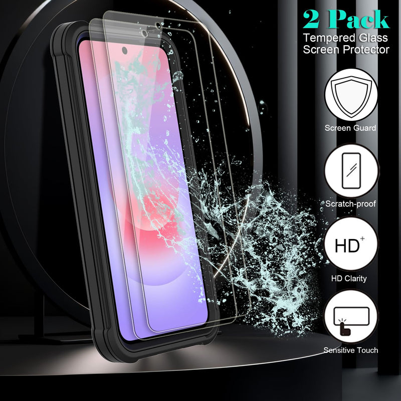 for Samsung Galaxy A37 5G Case with 2 Pack Tempered Glass Screen Protector, [Holster Series] Belt Clip Heavy Duty Shockproof Military Grade Drop Protective Cell Phone Case Cover (Black) Black for Galaxy A37 5G
