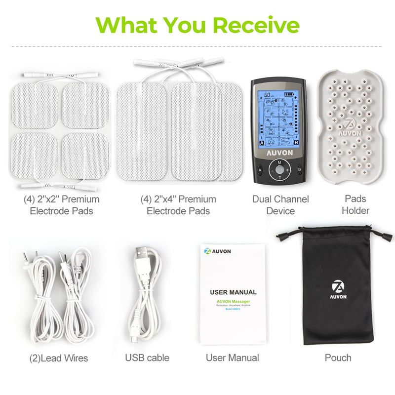 AUVON Dual Channel TENS Unit Muscle Stimulator Machine with 20 Modes, 2" and 2"x4" TENS Unit Electrode Pads (Black) Black