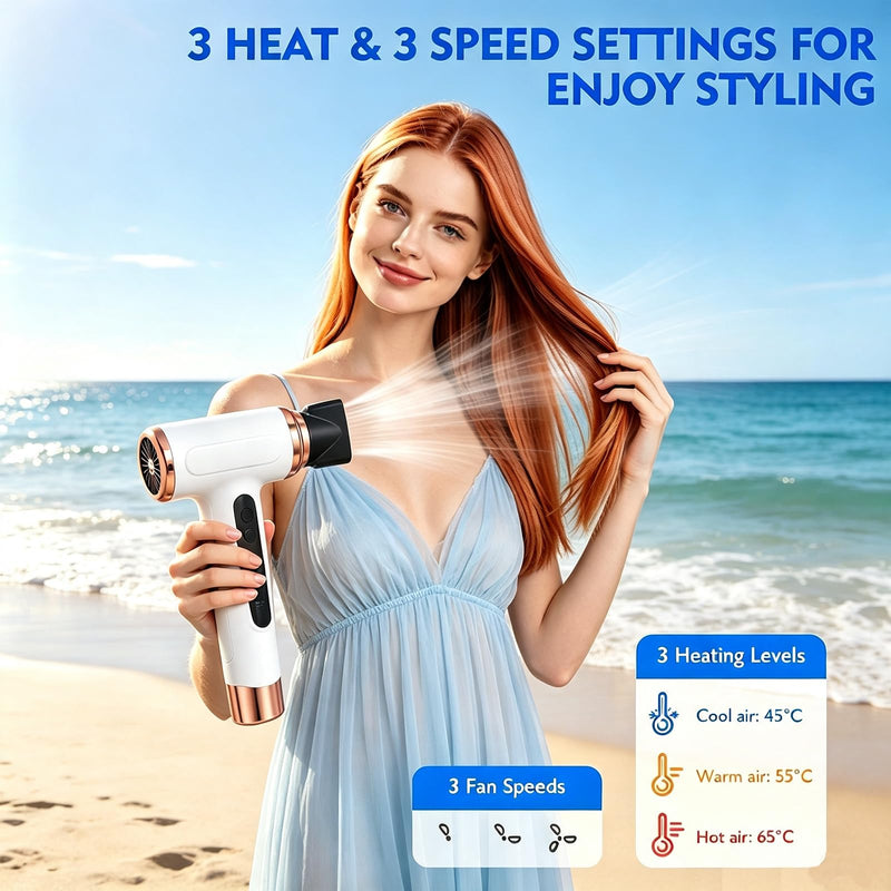 Cordless Hair Dryer, Portable Rechargeable Travel Hairdryer with Digital Screen, 3 Speed & 3 Heat Settings, USB Charging Wireless Blow Dryer for Travel, Dorm, Home & Camping (White)