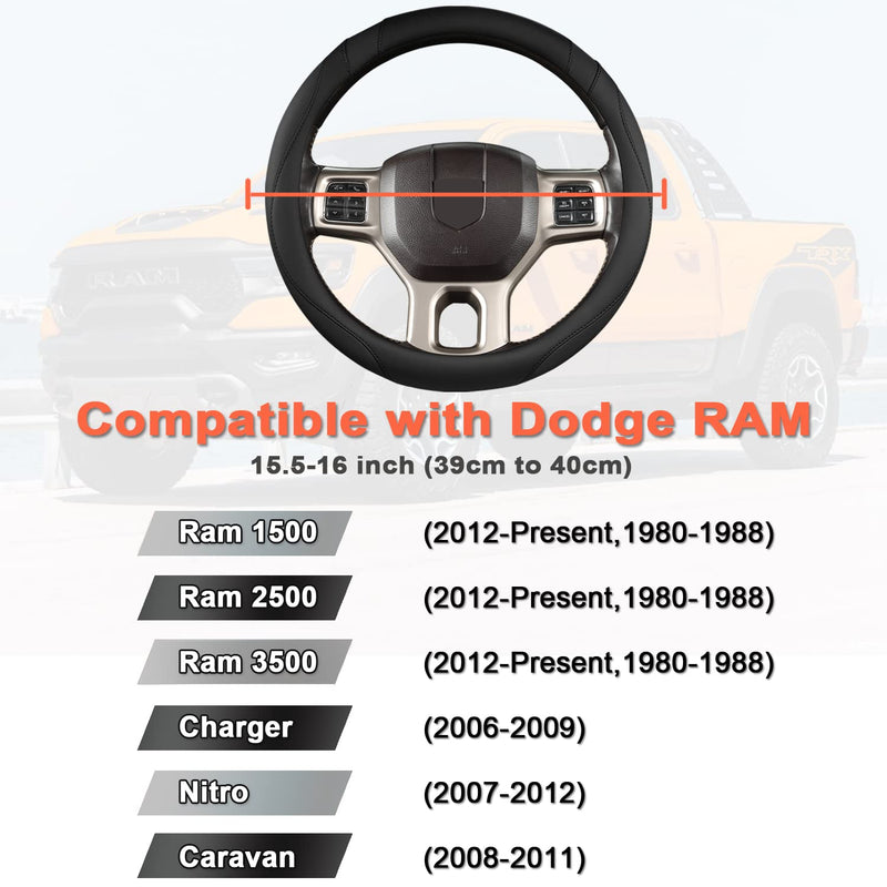 West Llama Customized Auto Car Steering Wheel Cover for Dodge RAM 1500 2500 3500, 15.5-16 inch (Black-Large Size) Large size (15 ½''-16'') A-Black