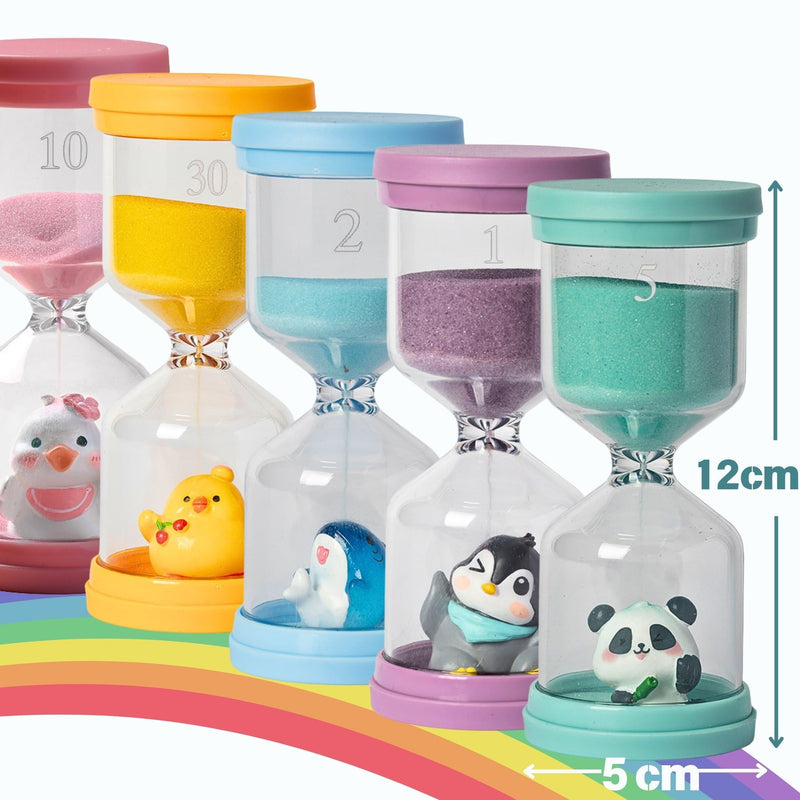 5 Pcs Colourful Plastic Hourglass with Different Animals,Sand Timers 1m/2m/5m/10m/30m,Sand Timers for Students,Games,Classroom,Kitchen,Office,Desk Decor (Pack of 5) Hourglass set