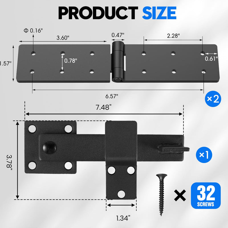 Fence Gate Hinges and Latch Set Heavy Duty -Black 270 Degree Strap Hinge & Adjustable Latch Kit for Outdoor,Garden,Backyard,Barn,Shed Wood Doors -Rust-Resistant Farm Gate Hardware with Screws 1