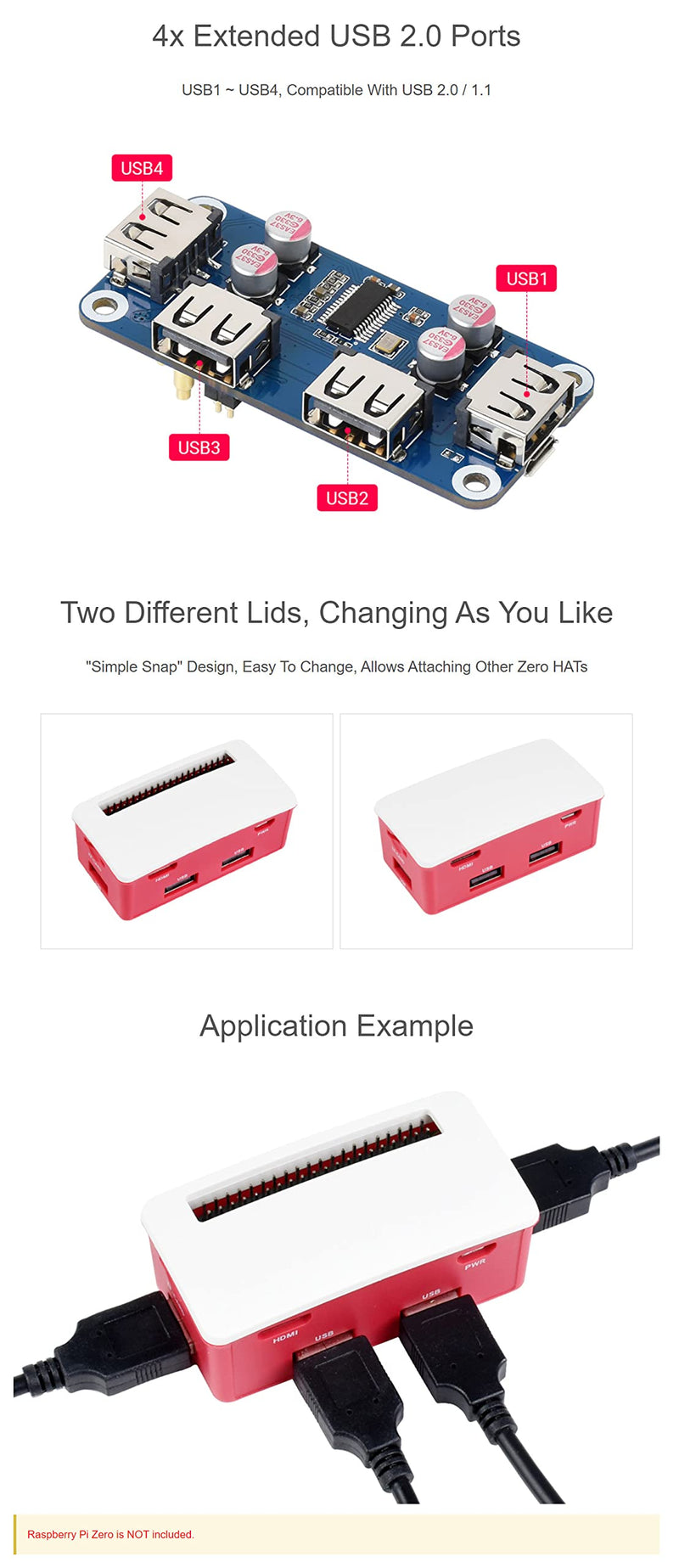 USB HUB Box Suitable for Raspberry Pi Zero Series, with USB HUB HAT (B) Inside, Includes 4X USB 2.0 Ports