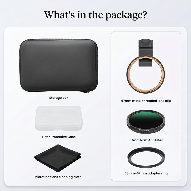 67mm ND2-400 Variable Neutral Density Filter for Smartphone & DSLR | HD Adjustable Camera Lens Attachment, Universal Clip & Adapter Ring, Samsung iPhone 17 16 15 14 and Other Smartphones/Camera