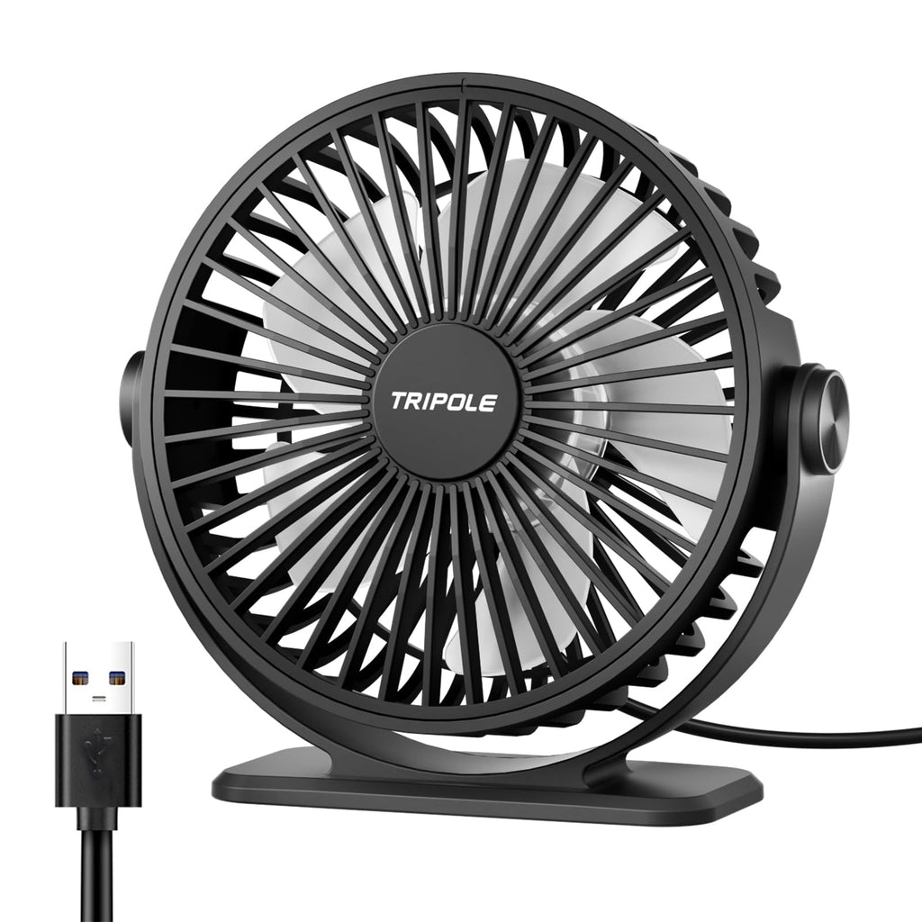 TriPole Desk Fan USB Powered Small Portable Fan, 3 Speeds Adjustable Strong Breeze Mini Personal Fan, 360° Rotation Quiet Plug In USB Fan for Desktop Bedroom Office Table Travel, Black, 4.9ft Cable