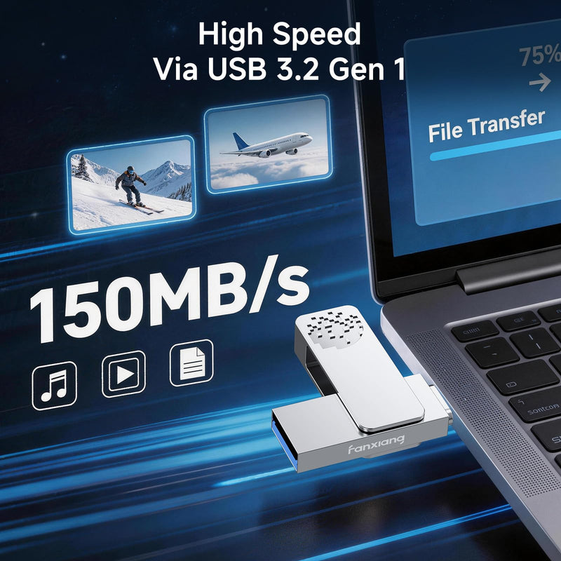 fanxiang F372S 64GB USB Flash Drive, Dual USB Type-C & USB-A, USB 3.2 Gen 1 Up to 150MB/s, Water-Resistant Zinc Alloy Metal Thumb Drive, Memory Stick for iPhone 15/16/17 Series, Android, PC, Mac