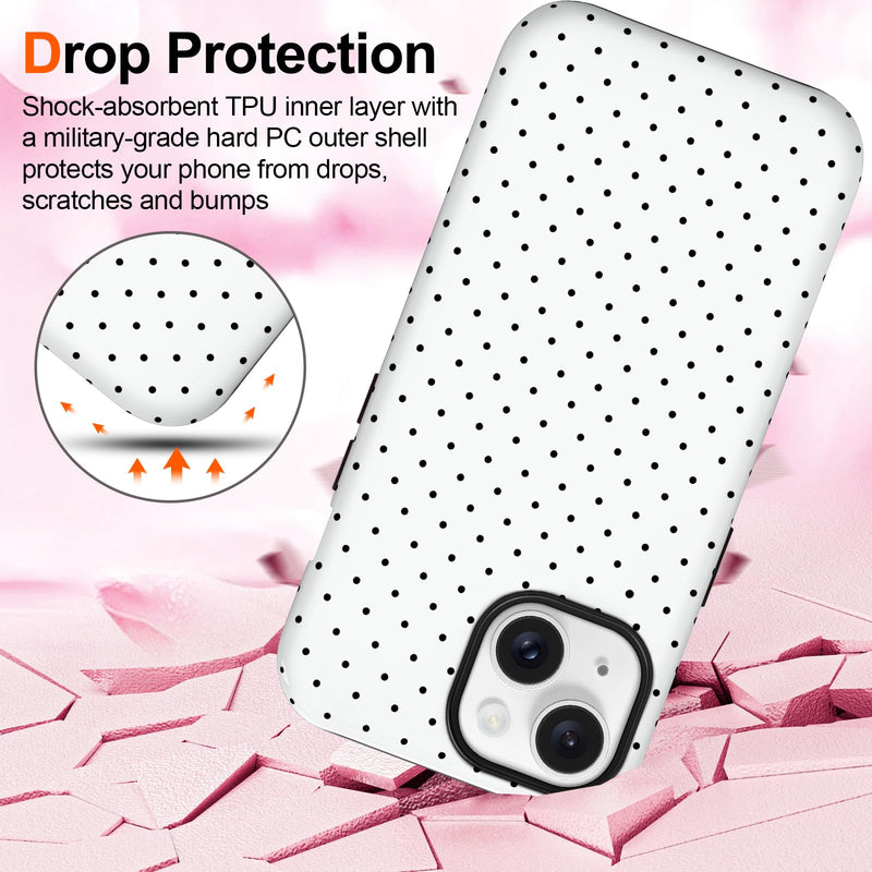 Hython for iPhone 14 Case & iPhone 13 Case Cute Polka Dot Aesthetic Simple Design 6.1", Heavy Duty Dual Layer Hybrid Hard PC Soft TPU Bumper Shockproof Protective Phone Cover Women Girls Girly, White For Iphone 13/14 - 6.1 Inch