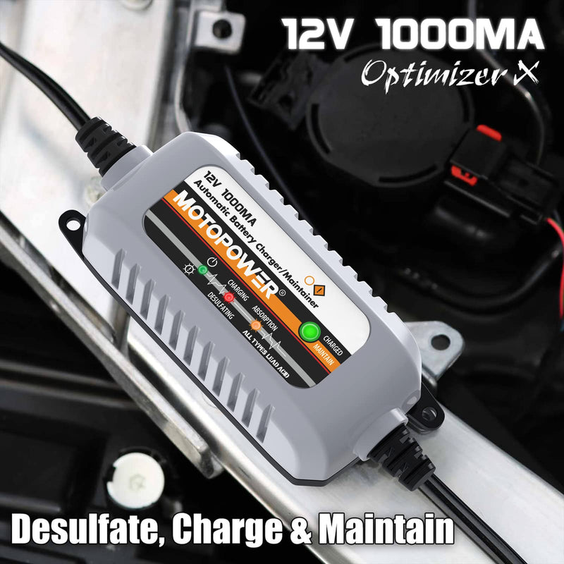 MOTOPOWER MP00205B 12V 1000mA Automatic Battery Charger, Battery Maintainer, Trickle Charger, and Battery Desulfator with Timer Protection - Grey a) - Grey