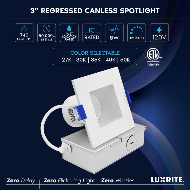 LUXRITE 3 Inch Square LED Recessed Ceiling Light with J-Box, CRI90, 8W, 5CCT Selectable 2700K - 5000K, 740 Lumens, Dimmable Canless Downlight, Wet Rated, IC Rated, ETL Listed (1 Count (Pack of 1)) 1 Count (Pack of 1)