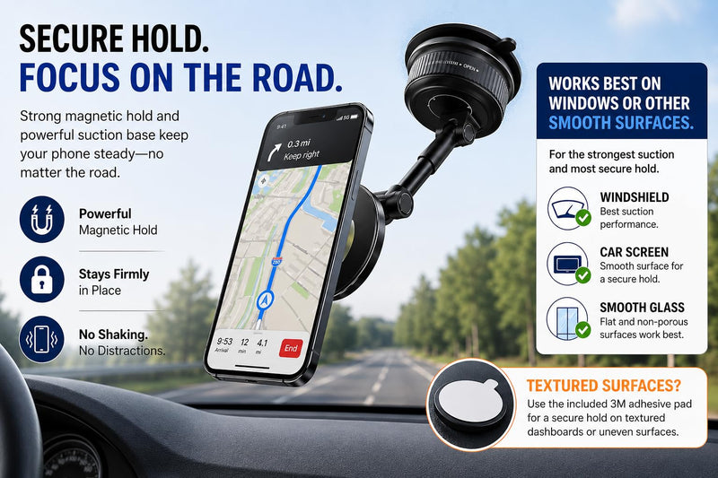 Car Phone Holder Mount, Manual Vacuum Magnetic Suction Cup for Dashboard & Windshield, 360° Adjustable Phone Holder for Car, MagSafe Compatible, USB-C Cable Included, iPhone & Android