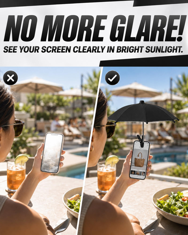 Phone Umbrella for Sun, Clip-On Phone Umbrella Mini Tanning Cellphone Sun Shade Screen UV Protection for iPhone iPad Laptop Kindle Outdoor Travel Beach Pool Gifts Accessories Vacation Essentials Black