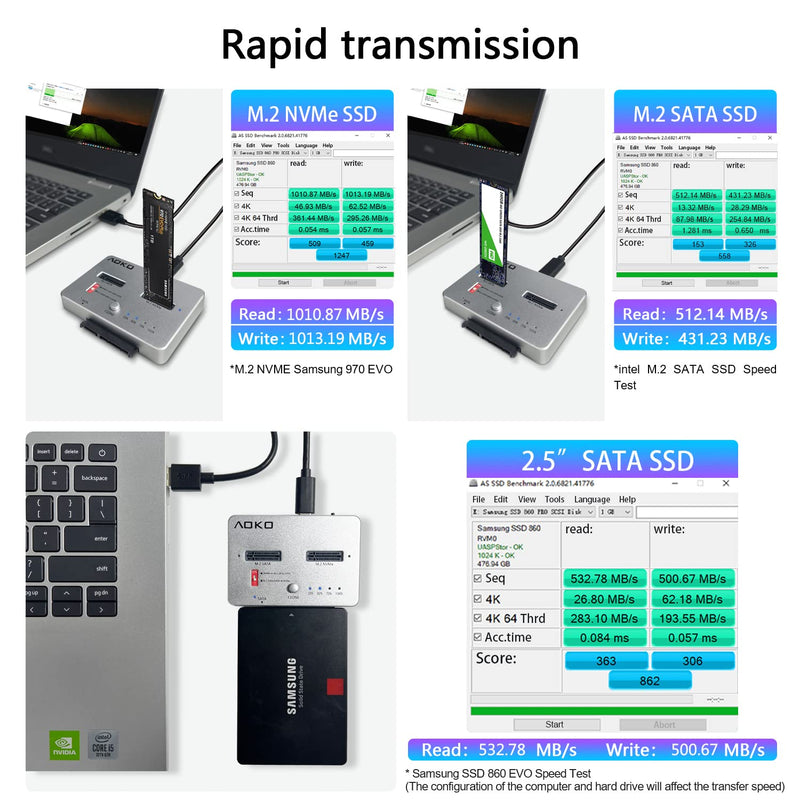 AOKO M.2 Duplicator NVMe to SATA SSD Cloner Docking Staion for NVMe + M.2 NGFF and 2.5" /3.5" SATA SSD/HDD Converter, Tool-Free and Two-Way Offline Cloning NVMe to SATA HDD Duplicator