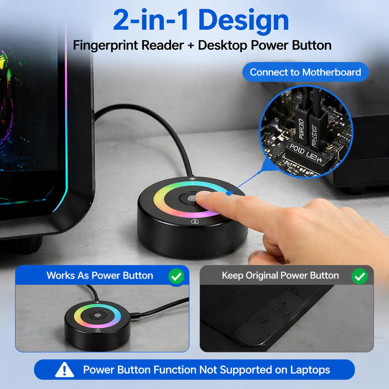 USB Fingerprint Reader for Windows Hello | PC Power Button, RGB Lighting, One-Click Lock, Auto Driver Install, 5ft Extension Cable