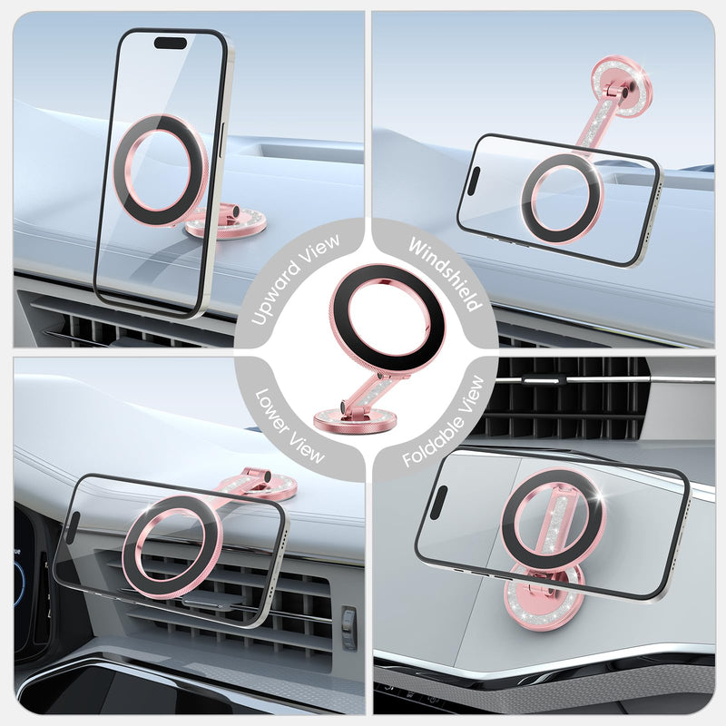 Pikabo Phone Holders for Your Car, Glitter Pink | Dashboard Windshield Car Phone Holder Hands Free Phone Mount for Car Compatible with iPhone MagSafe Accessories
