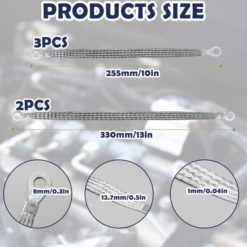 Ground Straps Automotive, 3Pcs 10" x 1/2" & 2 Pcs 13" x 1/2" Professional Vehicle Grounding Straps, Ground Engine Cable Strap Kit, Automotive Wire Ground Strap for Most Cars, Ring Terminals gray