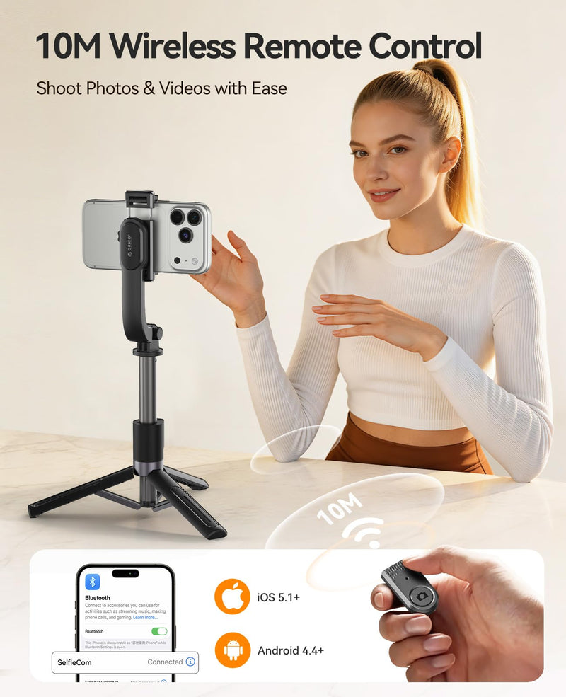 ORICO Aluminum Portable Selfie Stick Tripod, 35'' Mini Tripod for iPhone, Extendable Stand with Detachable Wireless Remote & 360° Rotating Phone Holder – Ideal for Content Creators, Vloggers, Travel Black 35''