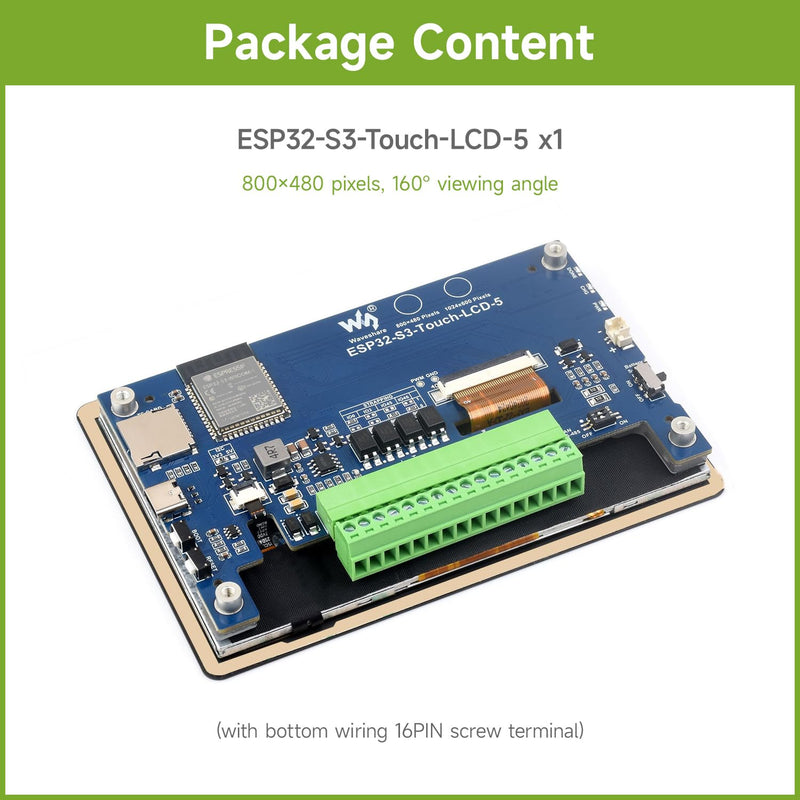 Waveshare ESP32-S3 5inch Capacitive Touch Display Development Board, 5-Point Touch, 32-Bit LX7 Dual-Core Processor, Support Wi-fi & BLE, with Onboard Antenna, 800×480 Display Resolution