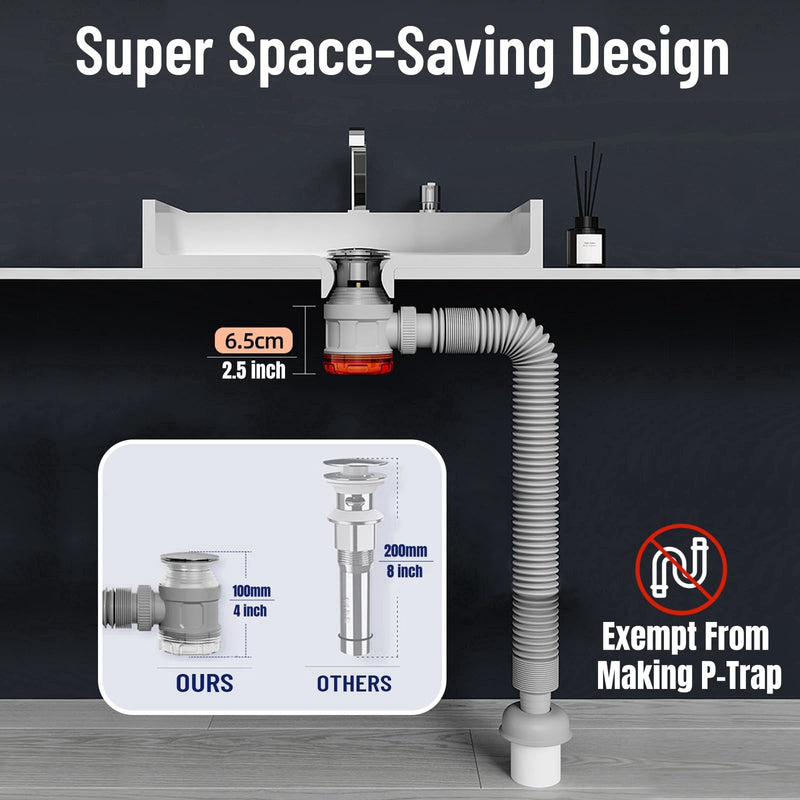 Bathroom Sink Drain Kit with Flexible Expandable Pipe: Odor-Free & Backflow-Preventing, Space-Saving Design without a P-trap, For 1-1/4'' & 1-1/2'' Drain Hole (Chrome, With Overflow) Chrome