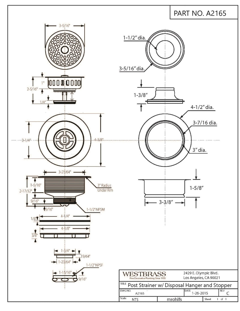 Westbrass A2165-50 4-1/4" OD Post Style Large Kitchen Basket Strainer with Waste Disposal Flange and Stopper Drain Set, Powder Coat White