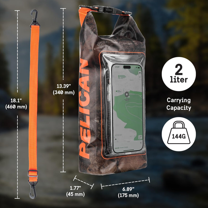 Pelican Marine IP68 Waterproof Dry Bag 2L w/Phone Pouch/Case - Hunter Camo | Roll Top Waterproof Backpack with Touchscreen Phone Pouch - Swimming, Kayaking, Camping, Rafting, Fishing & Travel Essentials Hunter Camo - 2L