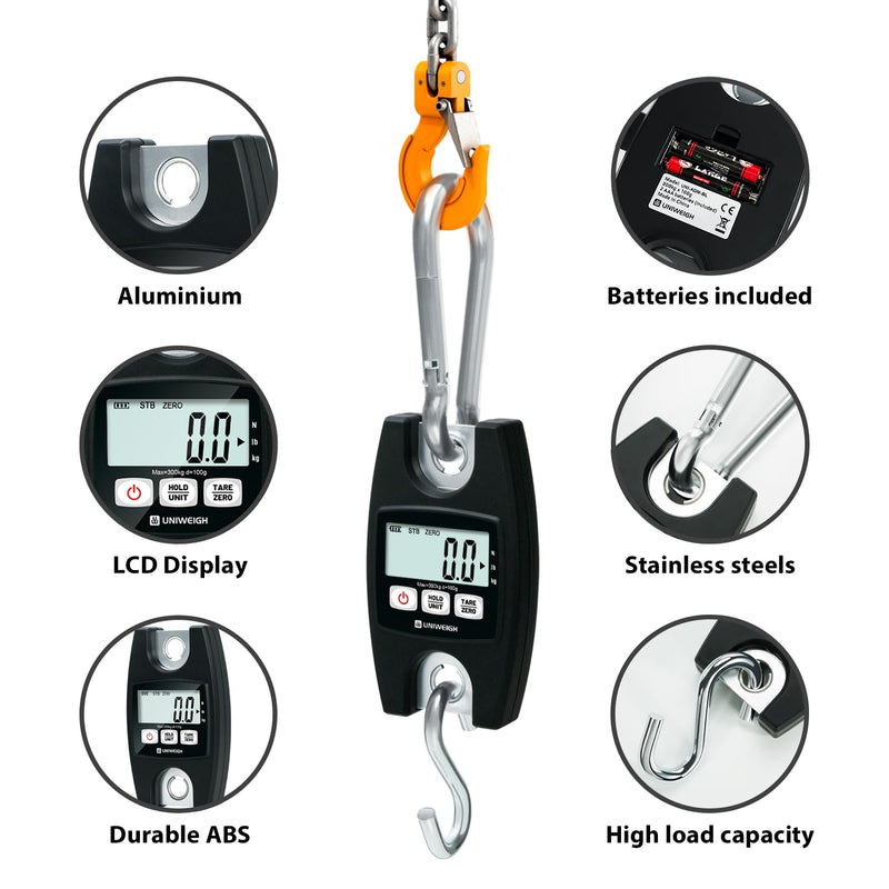 UNIWEIGH Digital Hanging Scale 660lb/300kg Handheld Crane Scales | Industrial Scales with Hooks,Luggage Scales with LCD/Hold/Tare for Weighing,Farm Hunting,Fishing Outdoor,Suitcases(Black)