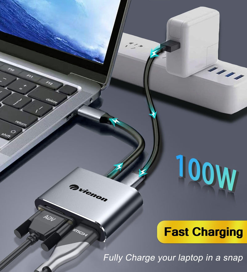 VIENON USB C to HDMI VGA Adapter for Dual Monitor, 4 in 1 USB C Hub with 4K HDMI, 1080P VGA, USB 3.0 5Gbps, 100W PD Compatible for MacBook Air/Pro, Dell XPS, Surface, iMac More