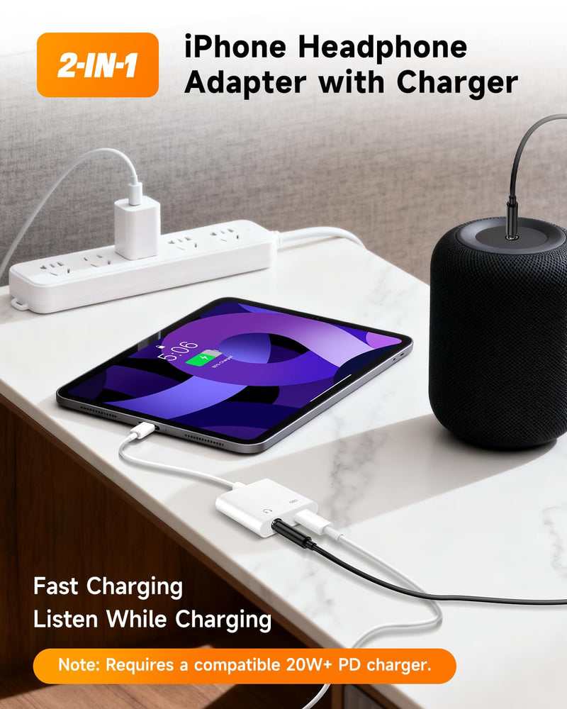 [MFi Certified] 2-in-1 Lightning to 3.5mm Audio & Charger Splitter for Headphones & Fast Charge, Compatible with iPhone 14/13/12/11/X/8/iPad - Car AUX, Gaming, Live Streaming, Work & Travel (1, White) White-1Pack