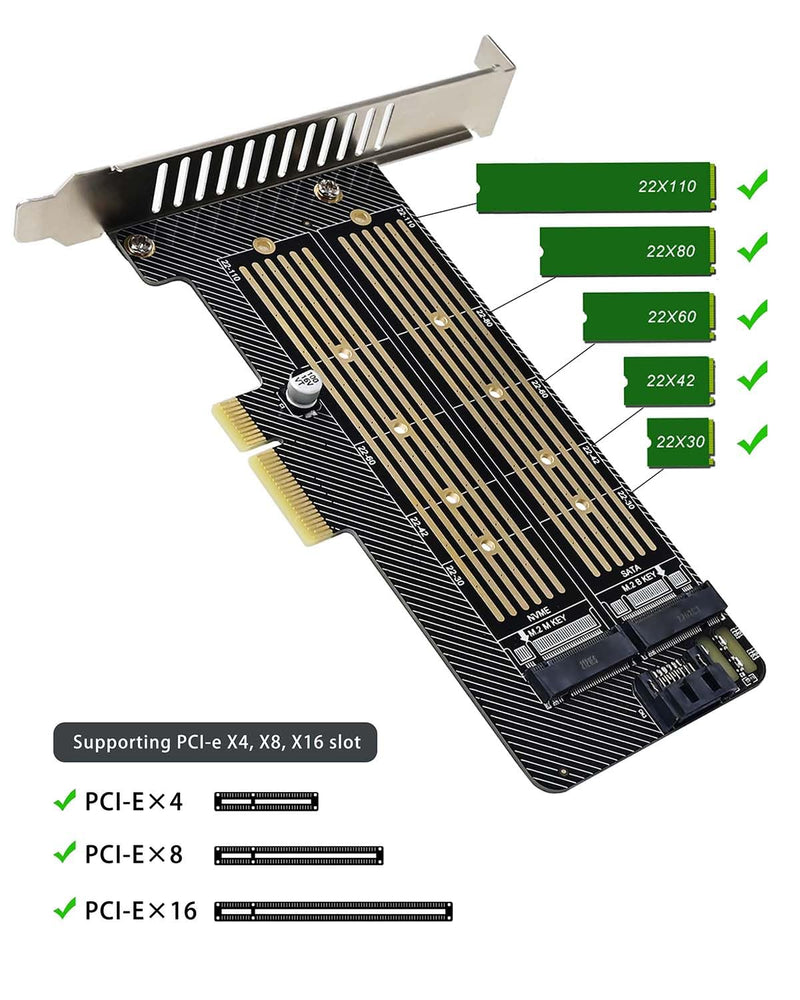 COMeap Dual M.2 PCIE Adapter，M.2 SSD NVME (M Key) and SATA (B Key) Adapter with Heatsink for One M.2 NVMe and One SATA SSD 22110/2280/2260/2242/2230 to PCI-e 3.0 x4 Host Controller Expansion Card