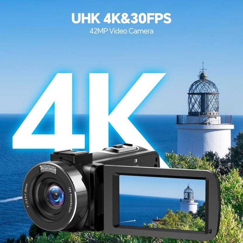 Camcorder Video Camera 4K, 42MP Digital Camera for Vlogging, 3" 270° Rotating Screen 18X Digital Zoom Video Recorder for YouTube Beginners with Remote Control, 2 Batteries, 32GB SD Card black