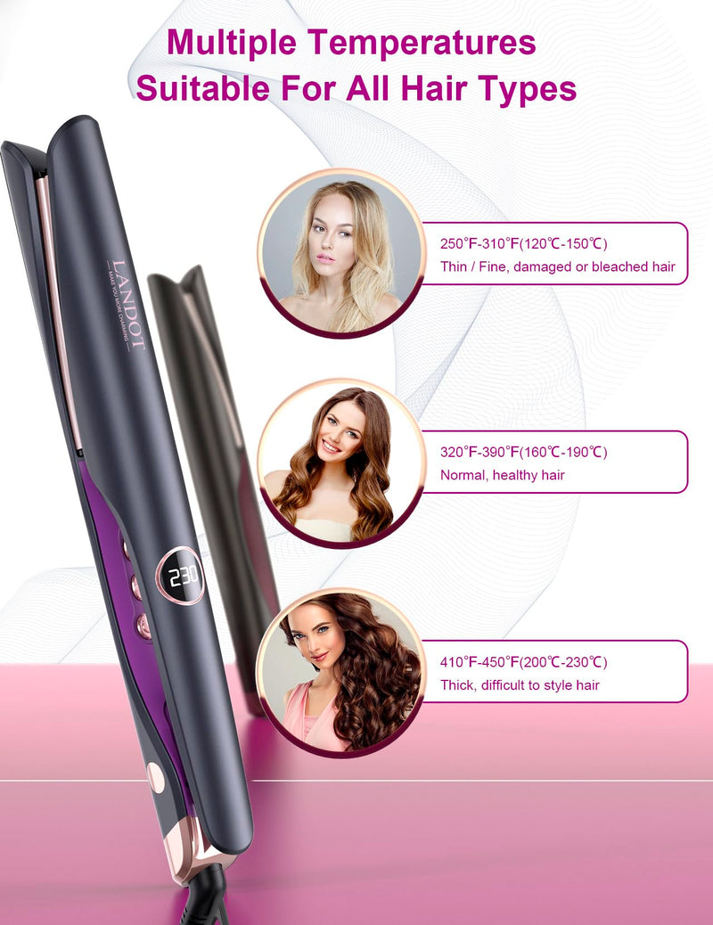  [AUSTRALIA] - LANDOT Hair Straightener and Curler 2-in-1, Twist Flat Iron, Dual Voltage | Curved Floating Ceramic Plates for Straighten Curl Wave, Sleek Frizz-Free Styling, Fast Heat-Up 120-230°C, Heat Resistant Mat Black
