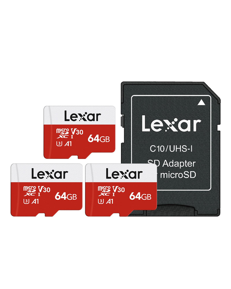 Lexar E-Series 64GB Micro SD Card 3 Pack, microSDXC UHS-I Flash Memory Card with Adapter, 100MB/s, C10, U3, A1, V30, Full HD, 4K UHD, High Speed TF Card 64GB x3