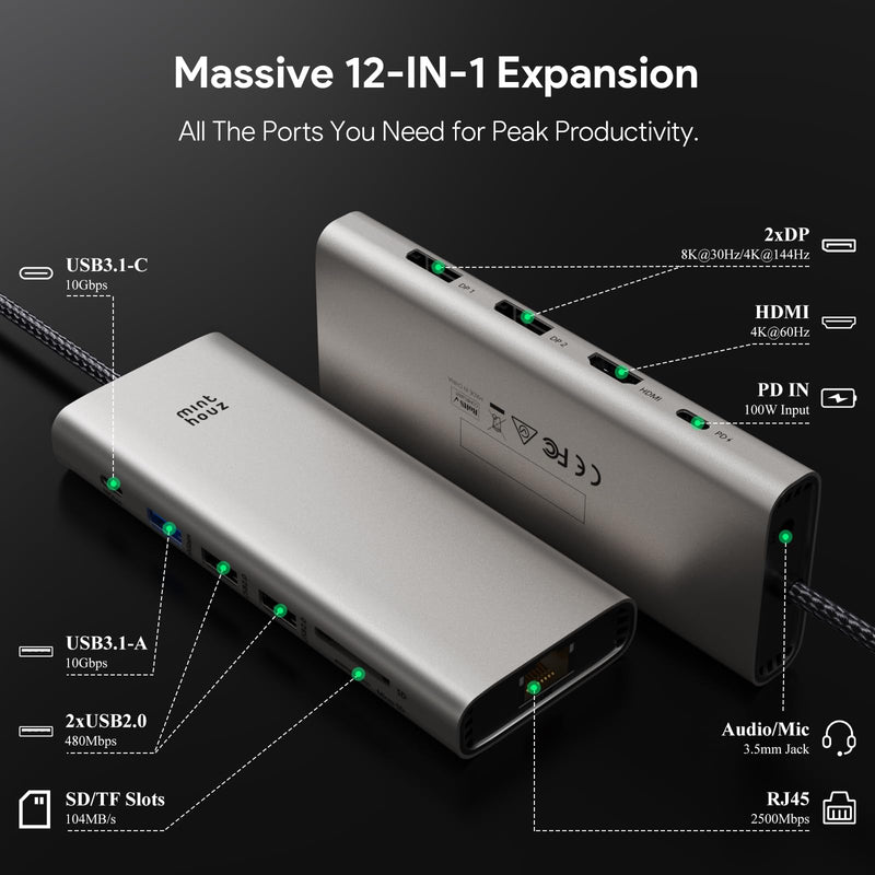 Minthouz Laptop Docking Station 3 Monitors Quad Display USB C Hub | Dongle to 4K HDMI+DP,2 USB2.0,100W PD,2.5G Ethernet,12 in 1Dock for Lenovo,Dell,HP,USB C Docking Station Dual Monitor Adapter