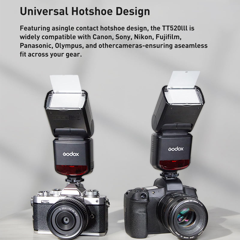 Godox TT520III Universal Hot Shoe Flash for Canon Nikon Sony Pentax Fuji | 1.8s Recovery Time, Built-in Wireless Receiver with RT-16 Transmitter, 8 Level Steps (1/128-1/1), 400 Full Power Flashes