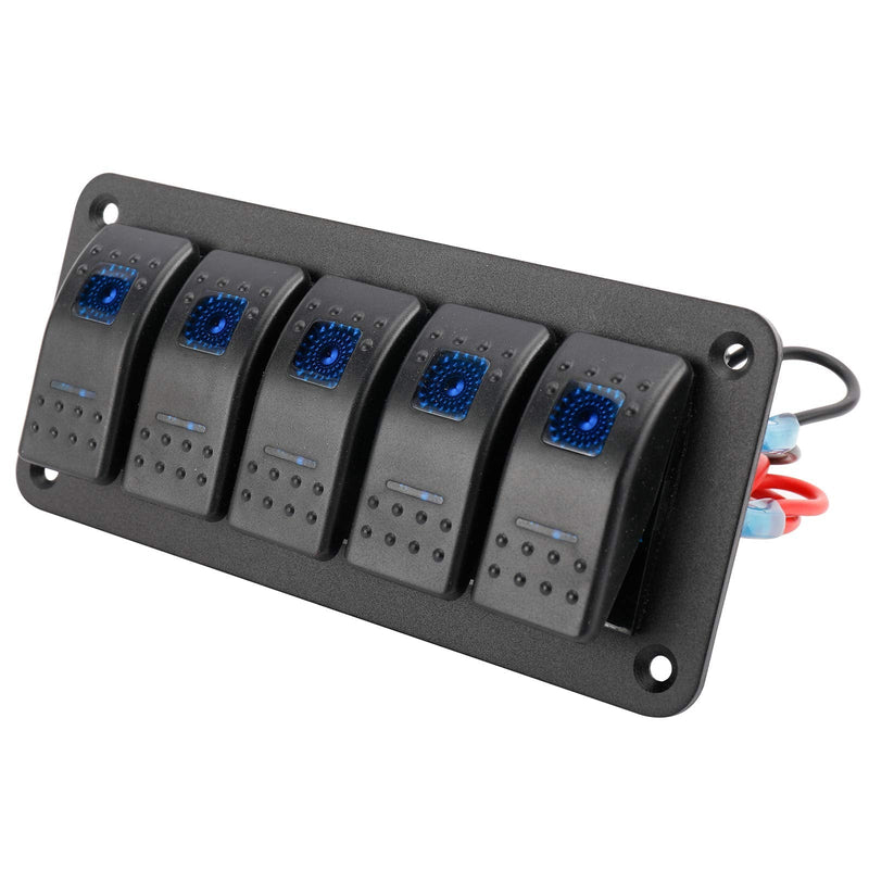 Amarine Made 12-24V Boat Switch Panel Illuminated Rocker Switch Aluminum Pre-wired Panel 2,3,4,5,6,8 Gang Toggle Switches Dash 5 Pin ON/Off 2 LED Backlit for Bus Boat Car Marine Blue LED IP65 (5 Gang)