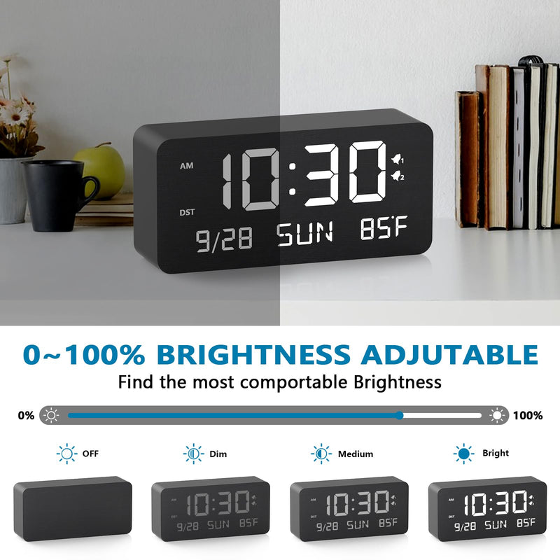 Wooden Digital Alarm Clock for Bedroom - Desk Clock with Date, Day of Week, Temperature, Dual Alarms, Dimmer, USB Port Charge, DST, Adjustable Volume for Living Room/Office Wood Decor (Black) Bl-rectangle