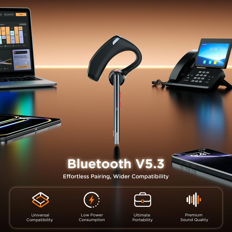 Bluetooth Headset V5.3, Wireless Headset with Dual Noise-Canceling Mics, Portable Charging Case, 300H Standby Time, Hands Free Headphones for PC/Cell Phones, Trucker/Office/Work Black
