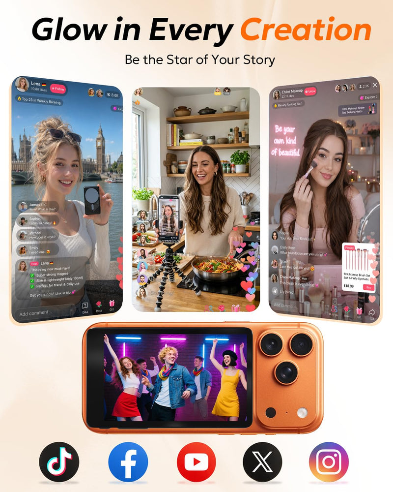 Wireless Selfie Monitor Screen for iPhone Magnetic Back Camera – Real-Time 4K Live Preview for Livestreaming Product Demos Online Teaching Solo Vlogging – Portable HD Ultra-Clear Sharp Pro+ Black